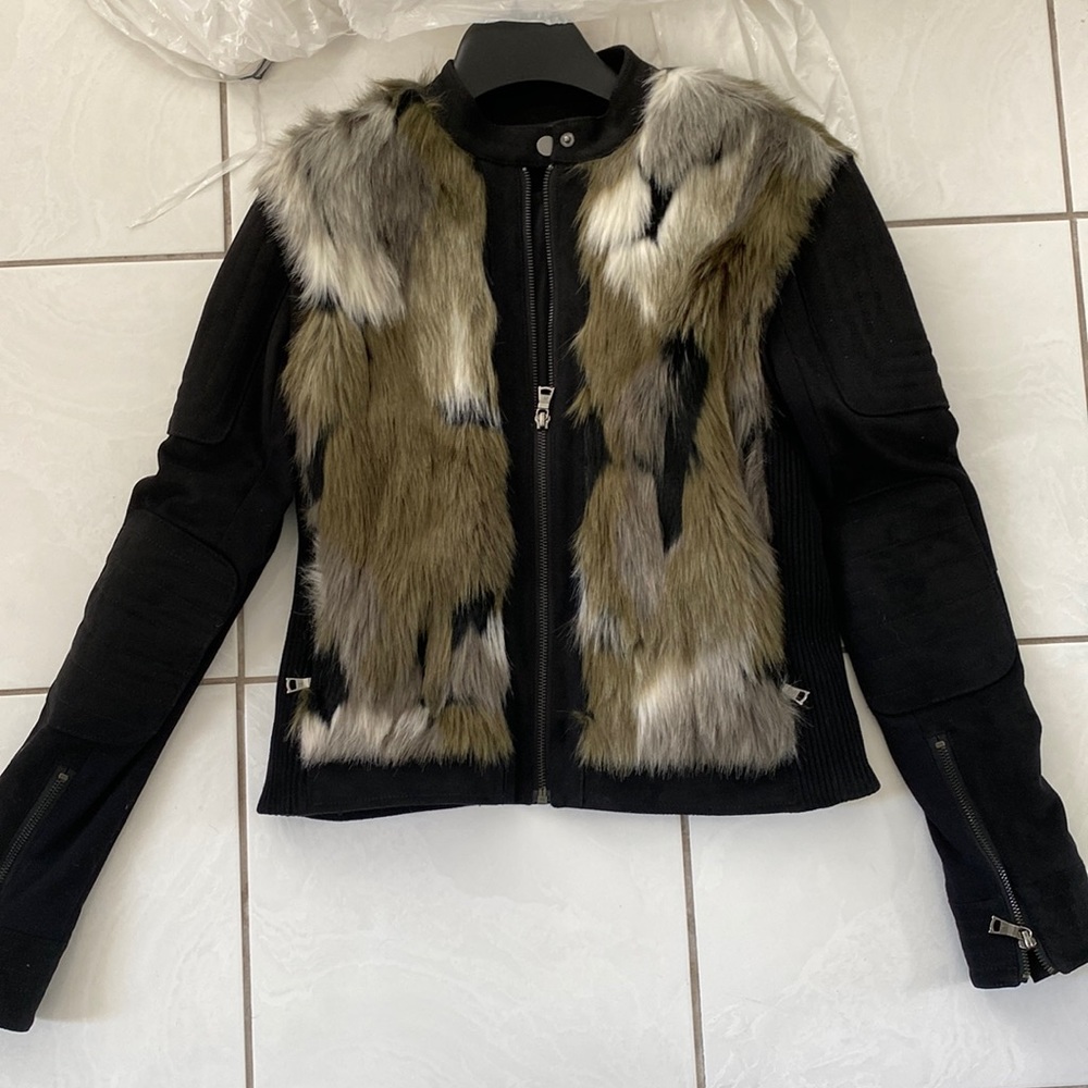 BCBG MAXAZRIA suede moto jacket with fur